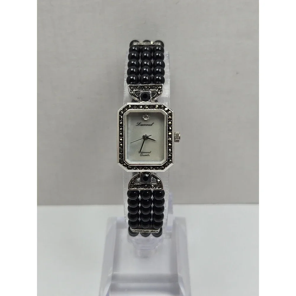 Vintage Lucoral Diamond Quartz Watch Black Onyx Beads Marcasite MOP New Battery